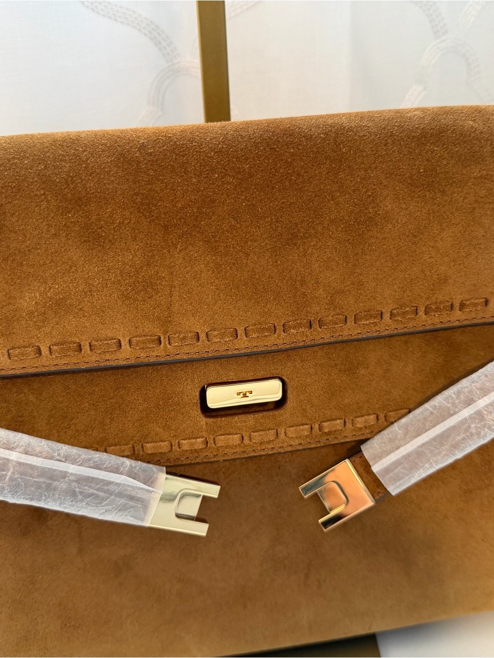Tory Burch Large Lee Radziwill Whipstitch Suede Shoulder Bag in Wild Tobacco - Picture 3 of 11
